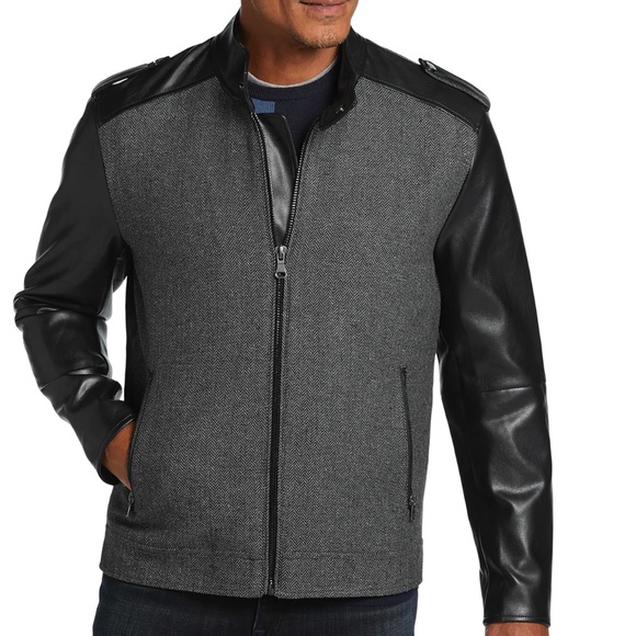 Michael Strahan Modern Fit Faux Leather Moto Jacket, Gray and Black